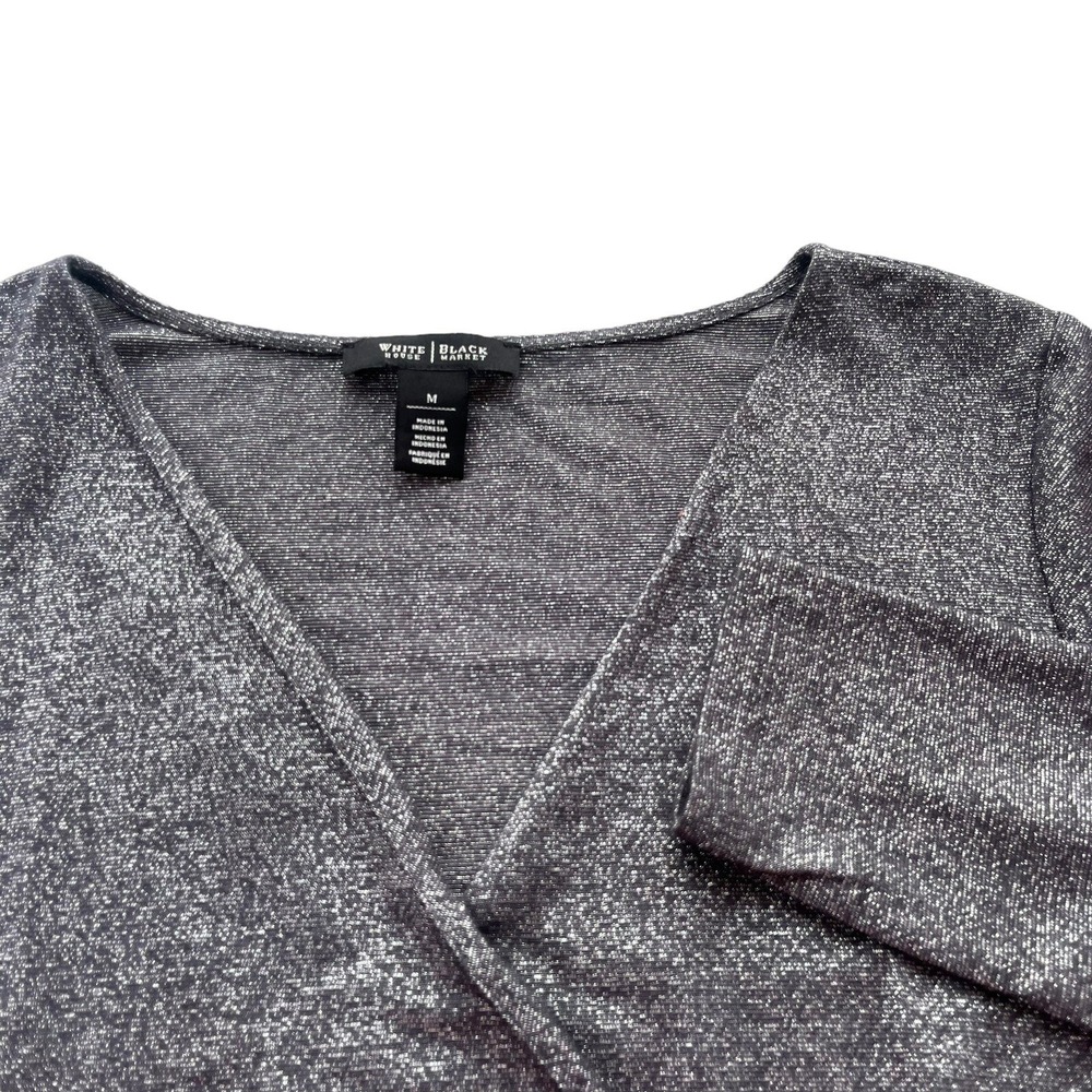 White House Black Market Womens M Silver Metallic Surplice Ruched Blouse Holiday